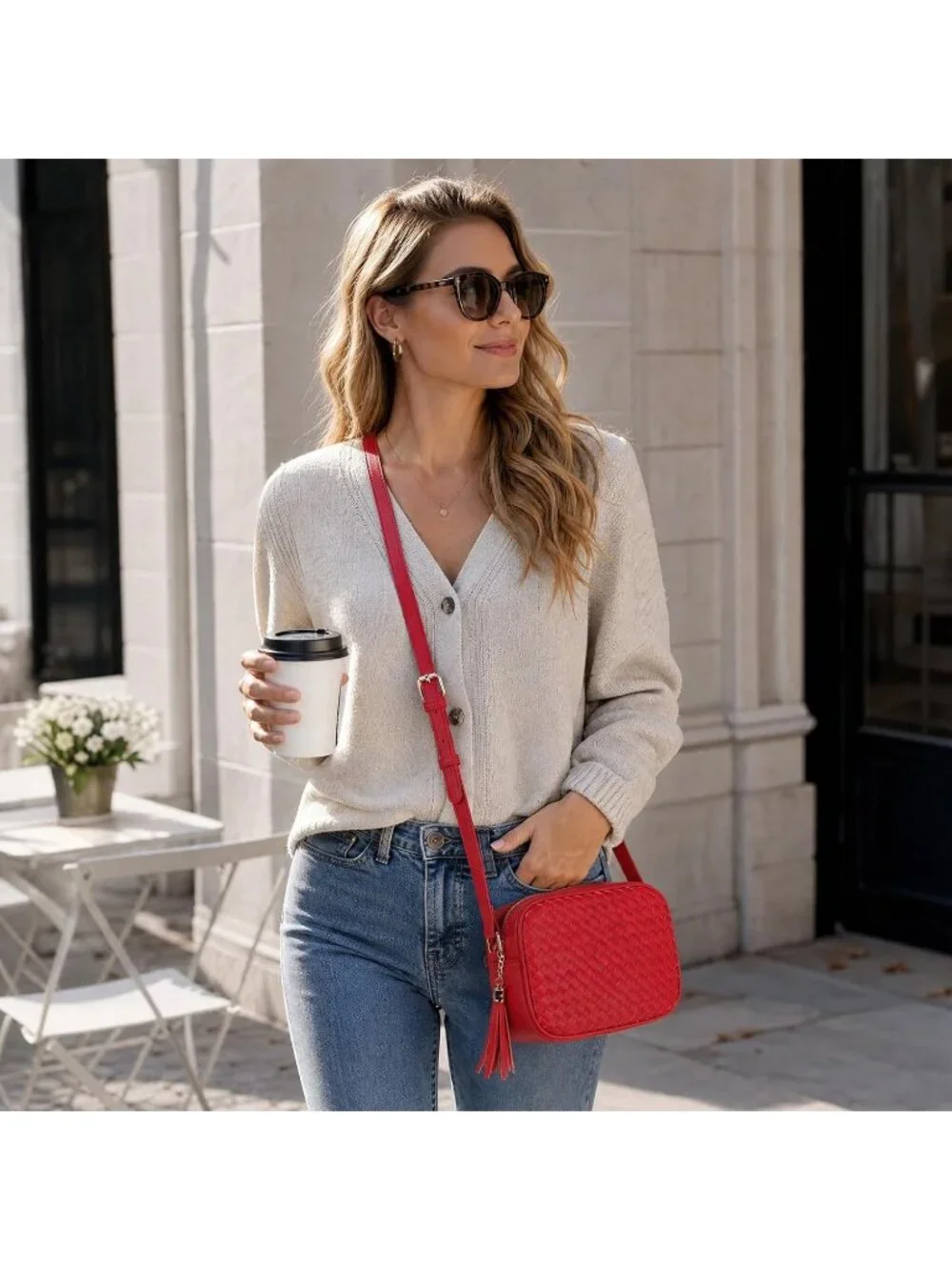 Women's Red Woven Small Boho Purse Vegan Zipper Leather Crossbody Bag